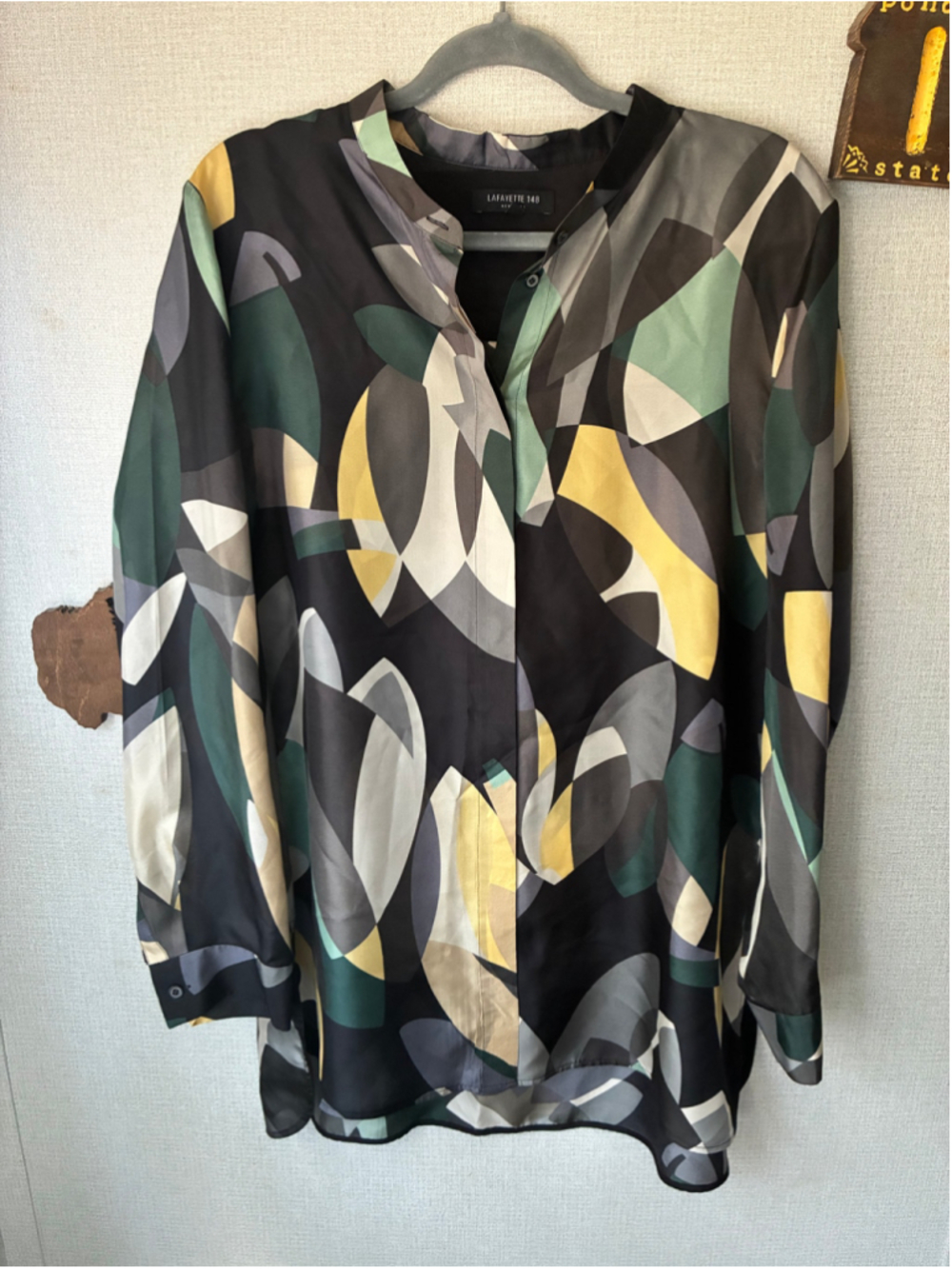 Women's Lafayette 148 New York Silk Blouse XL Black Green Geometric Print